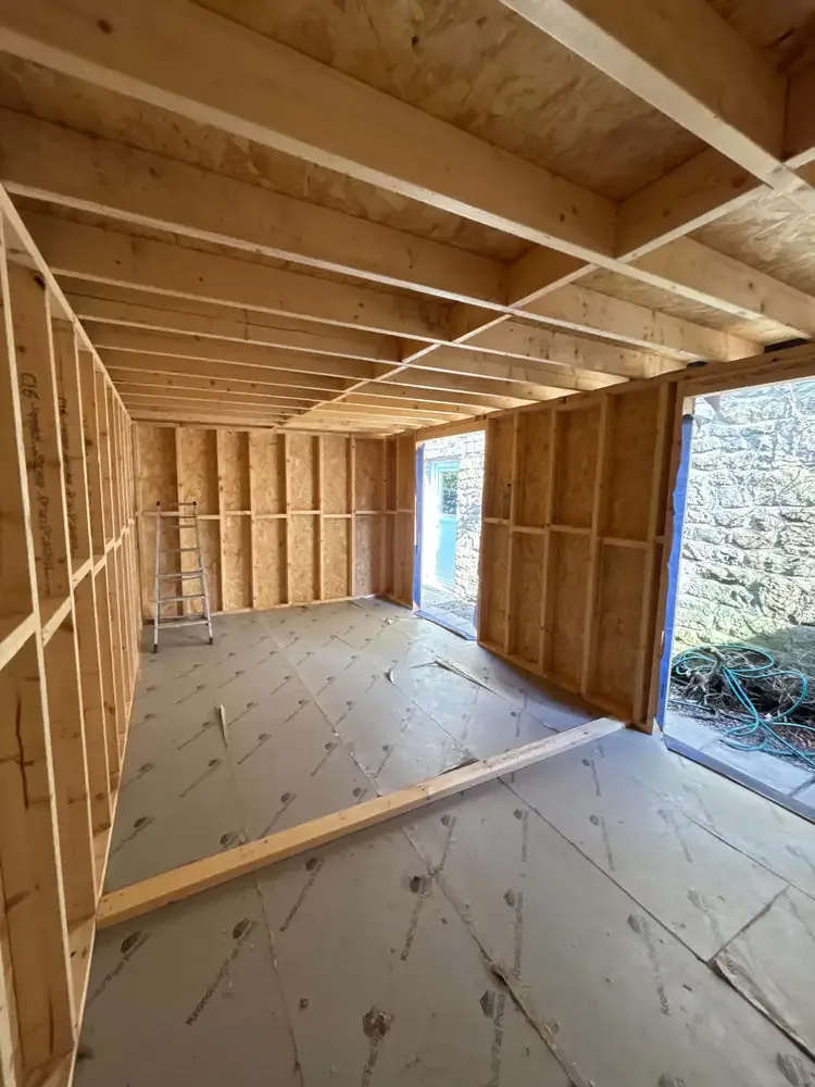 Timber framing and roof joists during one of our garden-room builds